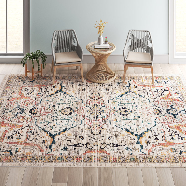 Mistana™ Eggen Floral Ivory/Navy/Yellow/Orange Area Rug & Reviews Wayfair